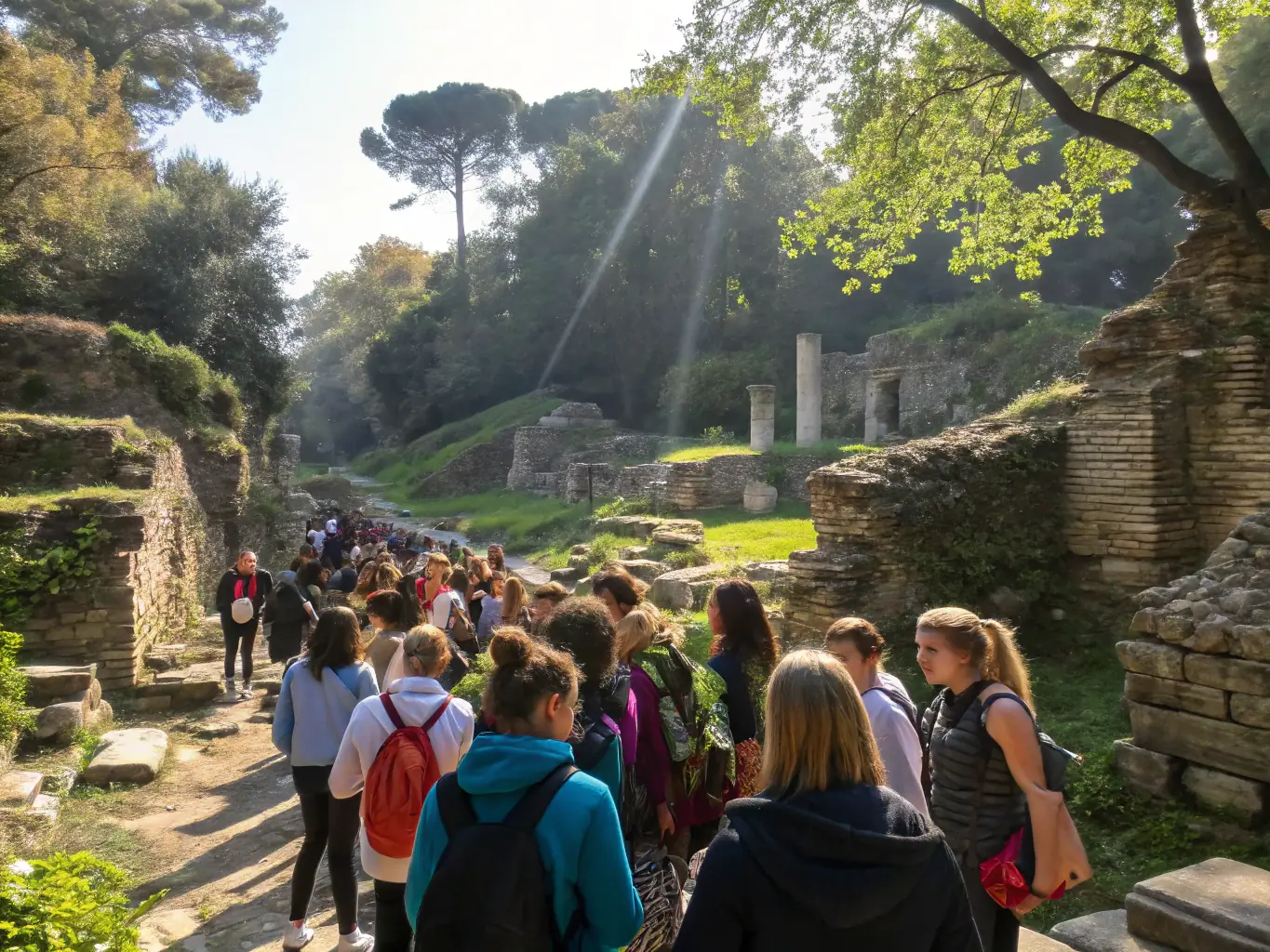 A photograph of a group of students participating in an educational workshop at an archaeological site, learning about the history and significance of Southern Gaul's heritage.