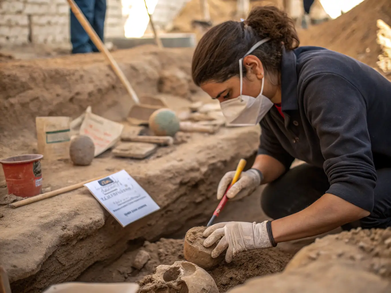 A photograph depicting a team of archaeologists meticulously excavating an ancient Roman site in Southern Gaul, carefully brushing away soil to reveal artifacts.